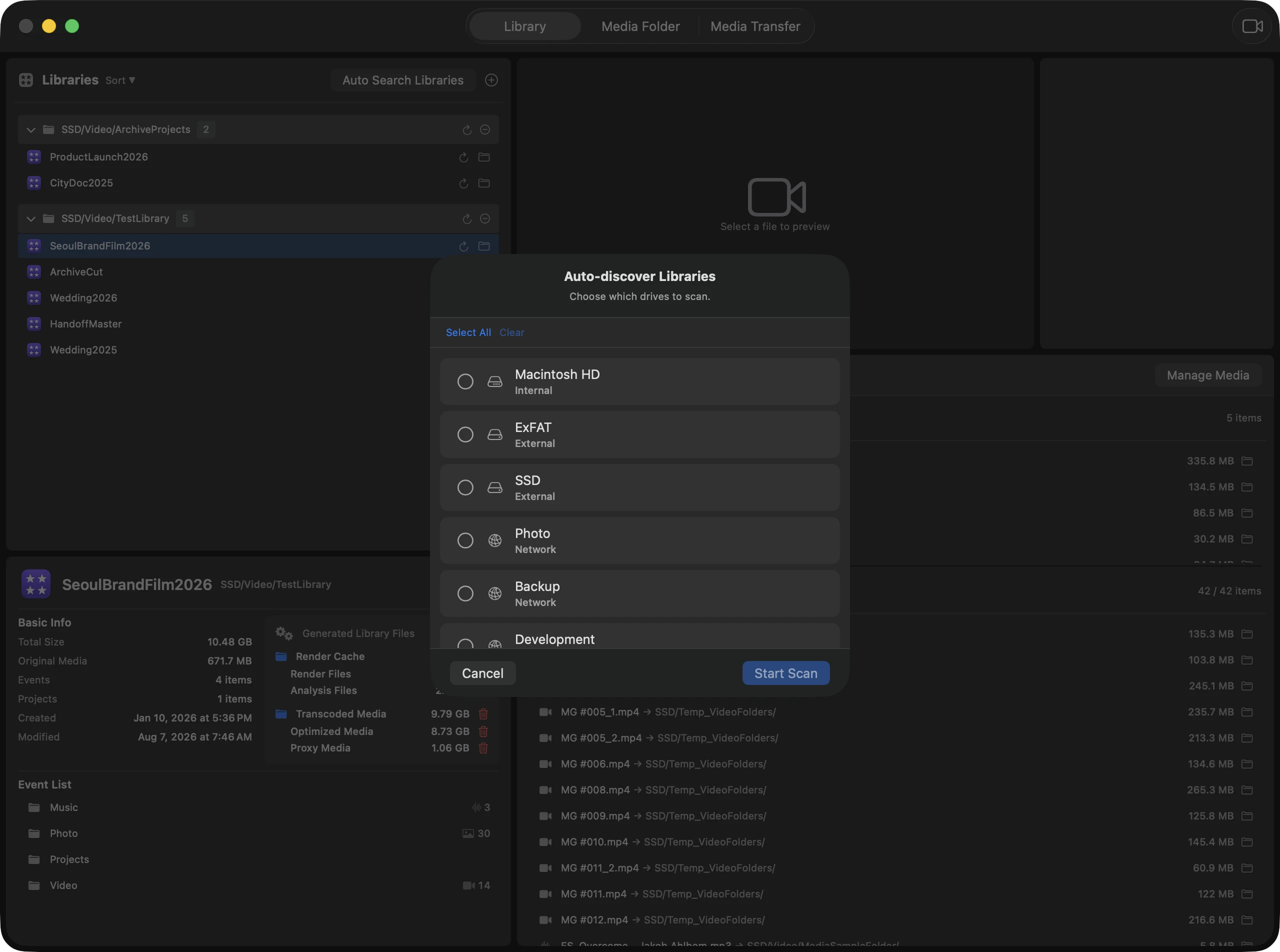 Full Library Analysis screenshot: Library Info, Library Selector, preview, and file lists