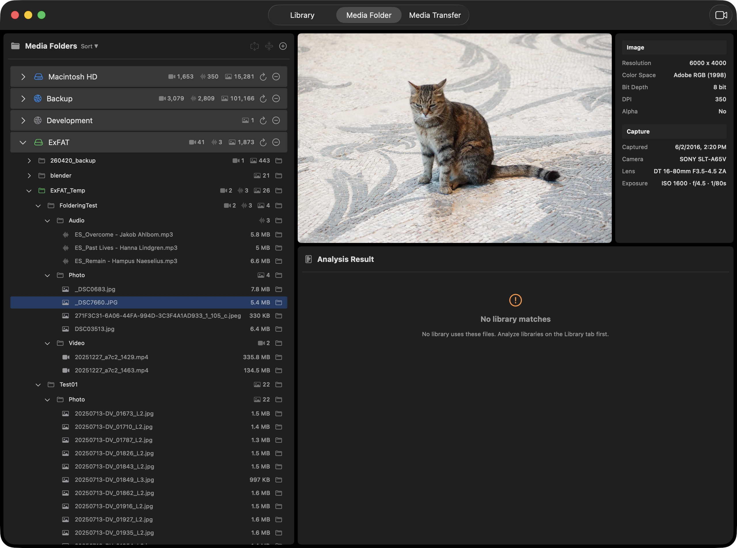 Screenshot of a selected media file with no matching library in Analysis Result
