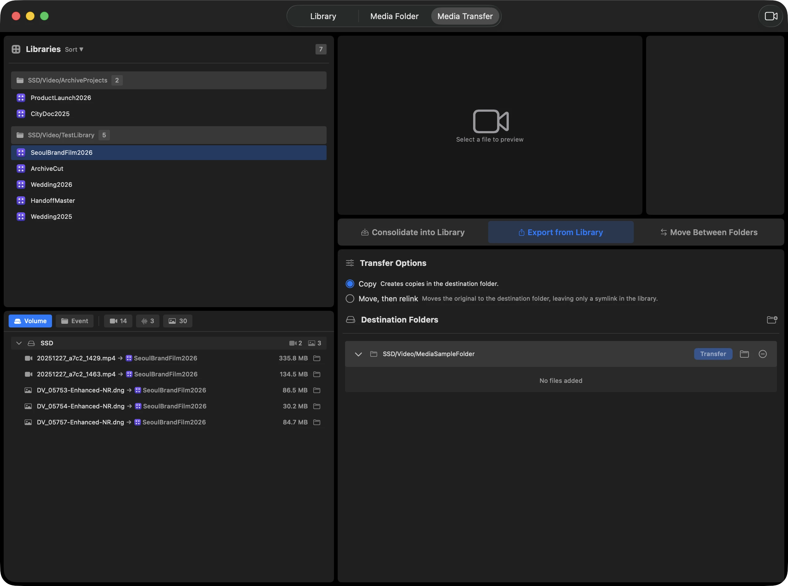 Screenshot of Media Transfer options and destination folders