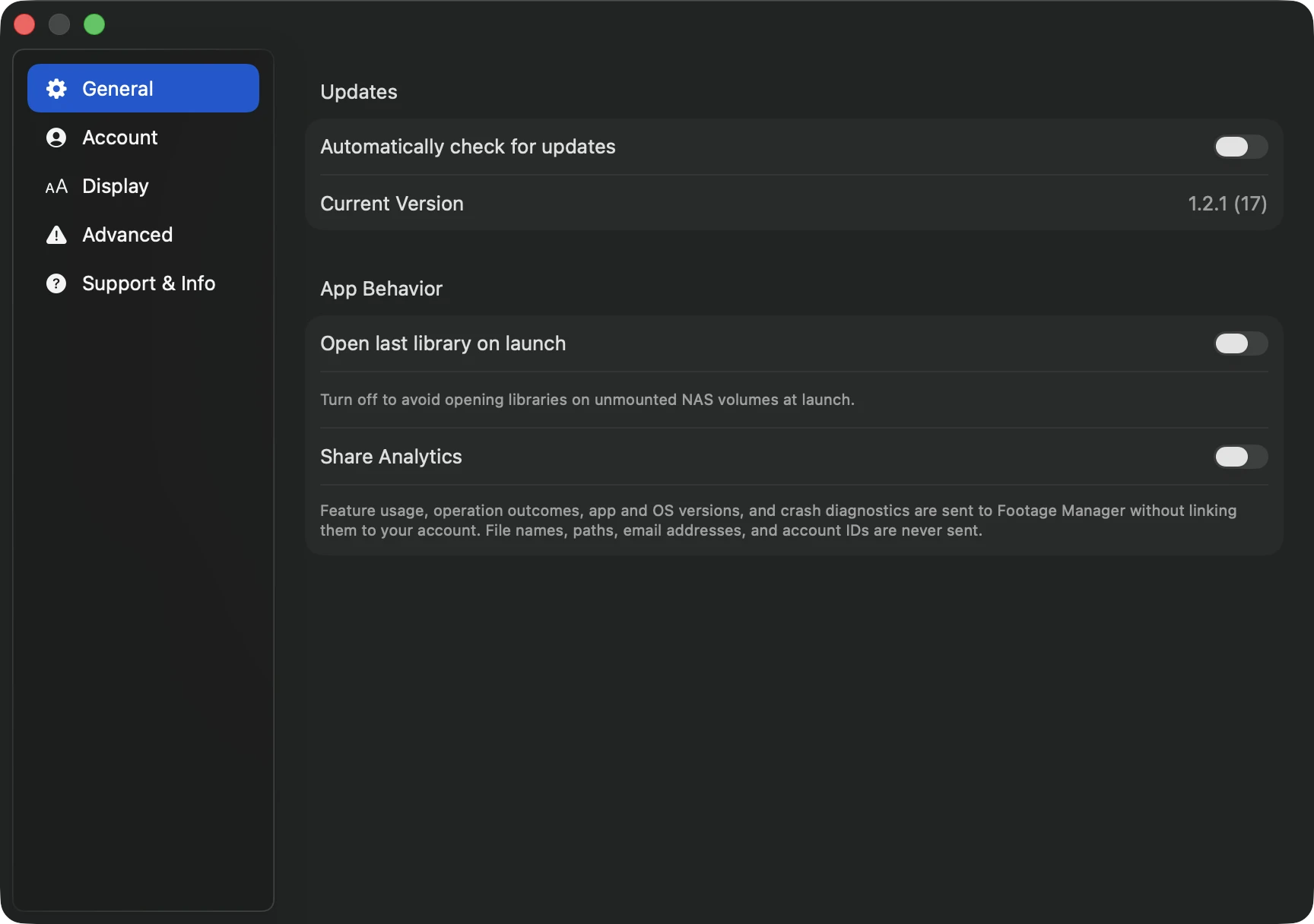 Screenshots of the first-launch analytics choice and General, Account, Display, Advanced, and Support & Info settings